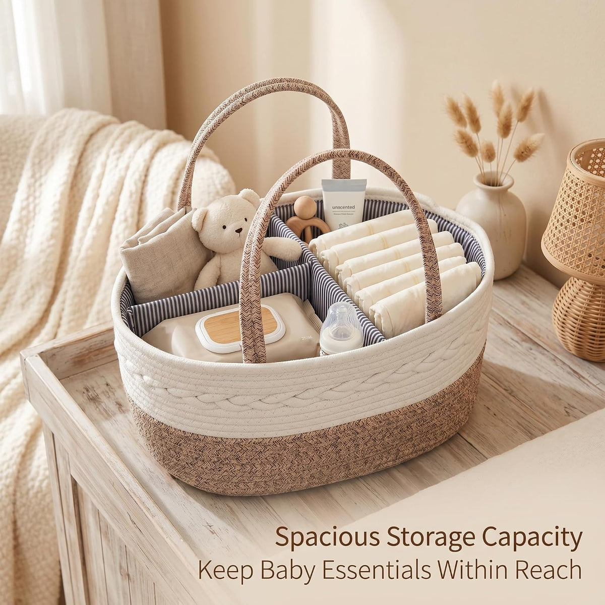 Baby Diaper Caddy Organizer with Removable Compartments, 18"L x 13"W x 9"H Super Large, 100% Handmade Woven Cotton Rope, Portable Nursery Storage Basket for Car and Changing Table, Shower Newborn Gift