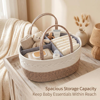 Baby Diaper Caddy Organizer with Removable Compartments, 18"L x 13"W x 9"H Super Large, 100% Handmade Woven Cotton Rope, Portable Nursery Storage Basket for Car and Changing Table, Shower Newborn Gift