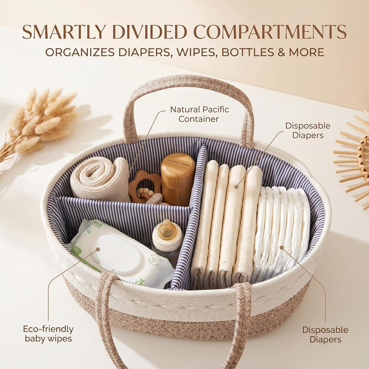 Baby Diaper Caddy Organizer with Removable Compartments, 18"L x 13"W x 9"H Super Large, 100% Handmade Woven Cotton Rope, Portable Nursery Storage Basket for Car and Changing Table, Shower Newborn Gift