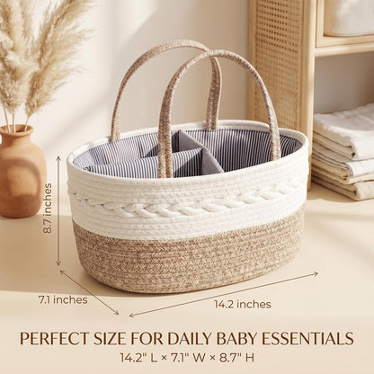 Baby Diaper Caddy Organizer with Removable Compartments, 18"L x 13"W x 9"H Super Large, 100% Handmade Woven Cotton Rope, Portable Nursery Storage Basket for Car and Changing Table, Shower Newborn Gift