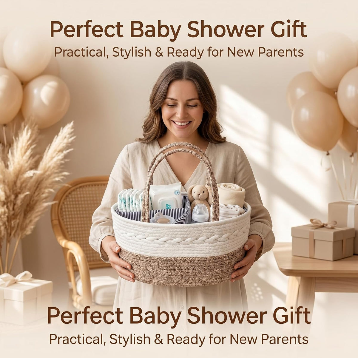 Baby Diaper Caddy Organizer with Removable Compartments, 18"L x 13"W x 9"H Super Large, 100% Handmade Woven Cotton Rope, Portable Nursery Storage Basket for Car and Changing Table, Shower Newborn Gift