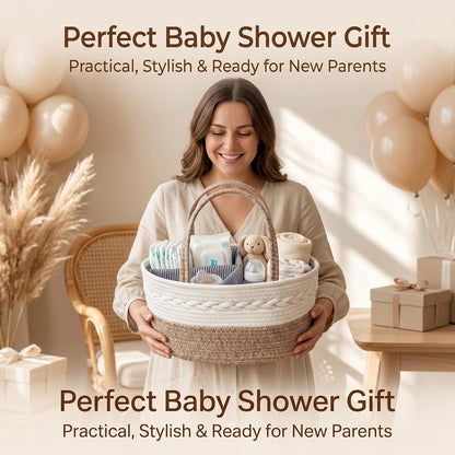 Baby Diaper Caddy Organizer with Removable Compartments, 18"L x 13"W x 9"H Super Large, 100% Handmade Woven Cotton Rope, Portable Nursery Storage Basket for Car and Changing Table, Shower Newborn Gift