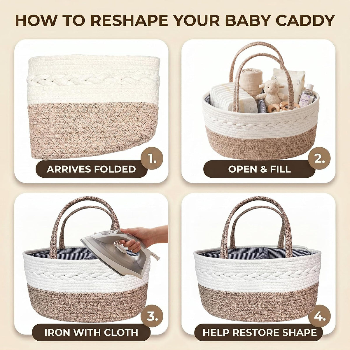 Baby Diaper Caddy Organizer with Removable Compartments, 18"L x 13"W x 9"H Super Large, 100% Handmade Woven Cotton Rope, Portable Nursery Storage Basket for Car and Changing Table, Shower Newborn Gift