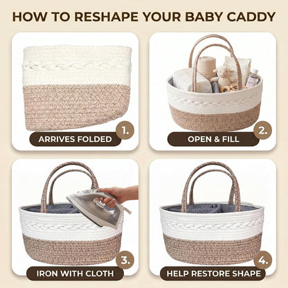 Baby Diaper Caddy Organizer with Removable Compartments, 18"L x 13"W x 9"H Super Large, 100% Handmade Woven Cotton Rope, Portable Nursery Storage Basket for Car and Changing Table, Shower Newborn Gift