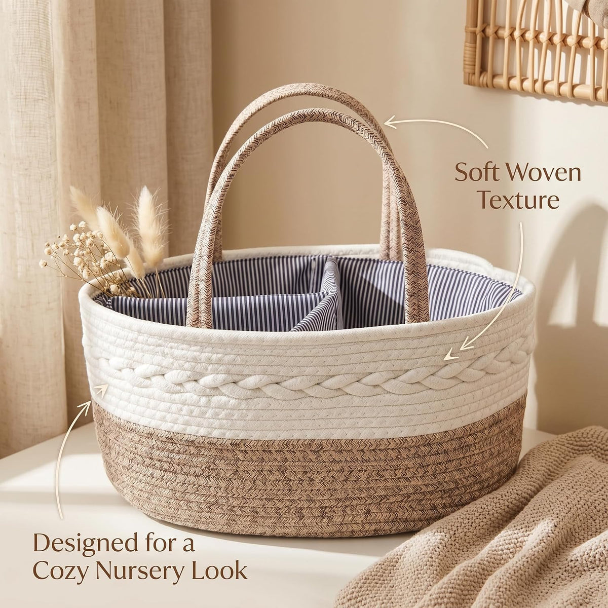 Baby Diaper Caddy Organizer with Removable Compartments, 18"L x 13"W x 9"H Super Large, 100% Handmade Woven Cotton Rope, Portable Nursery Storage Basket for Car and Changing Table, Shower Newborn Gift