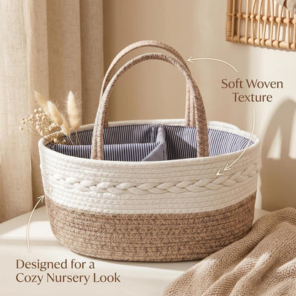 Baby Diaper Caddy Organizer with Removable Compartments, 18"L x 13"W x 9"H Super Large, 100% Handmade Woven Cotton Rope, Portable Nursery Storage Basket for Car and Changing Table, Shower Newborn Gift