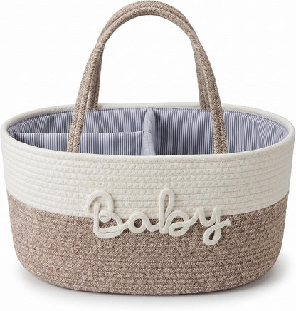 Baby Diaper Caddy Organizer with Removable Compartments, 18"L x 13"W x 9"H Super Large, 100% Handmade Woven Cotton Rope, Portable Nursery Storage Basket for Car and Changing Table, Shower Newborn Gift