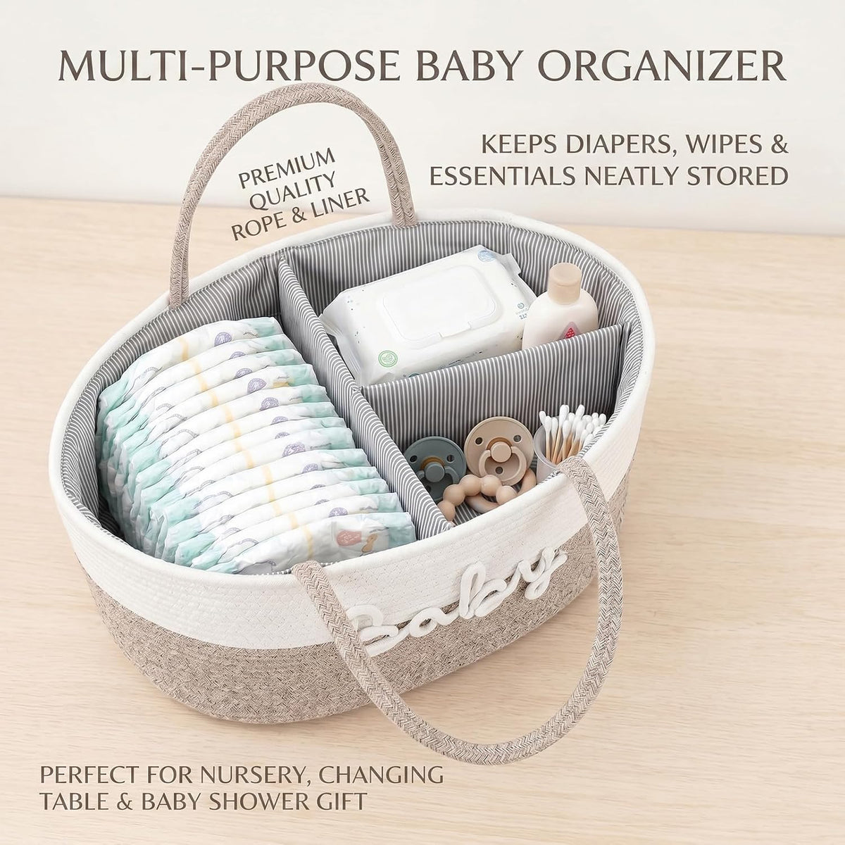 Baby Diaper Caddy Organizer with Removable Compartments, 18"L x 13"W x 9"H Super Large, 100% Handmade Woven Cotton Rope, Portable Nursery Storage Basket for Car and Changing Table, Shower Newborn Gift