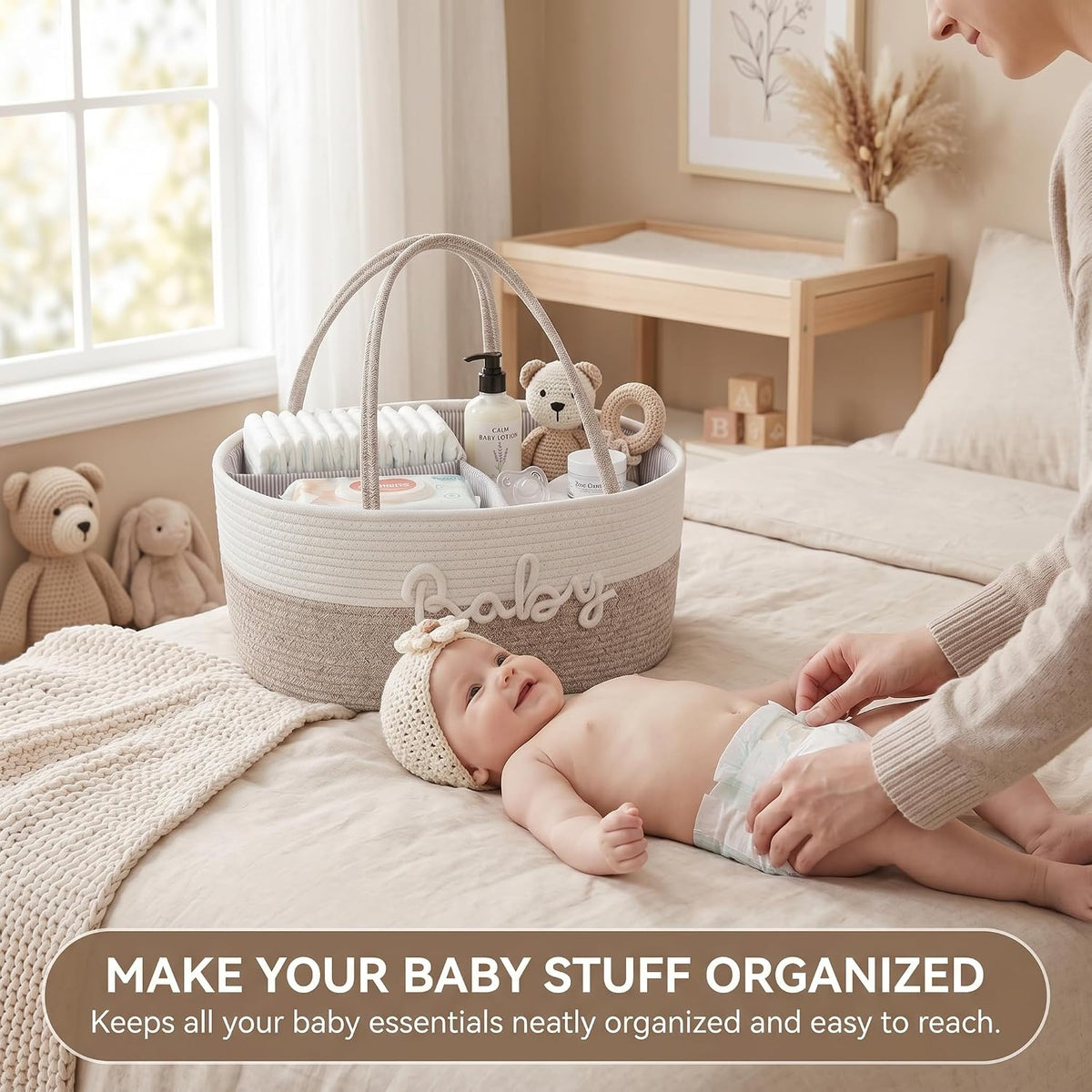 Baby Diaper Caddy Organizer with Removable Compartments, 18"L x 13"W x 9"H Super Large, 100% Handmade Woven Cotton Rope, Portable Nursery Storage Basket for Car and Changing Table, Shower Newborn Gift