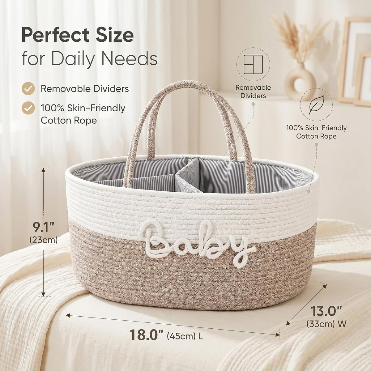 Baby Diaper Caddy Organizer with Removable Compartments, 18"L x 13"W x 9"H Super Large, 100% Handmade Woven Cotton Rope, Portable Nursery Storage Basket for Car and Changing Table, Shower Newborn Gift