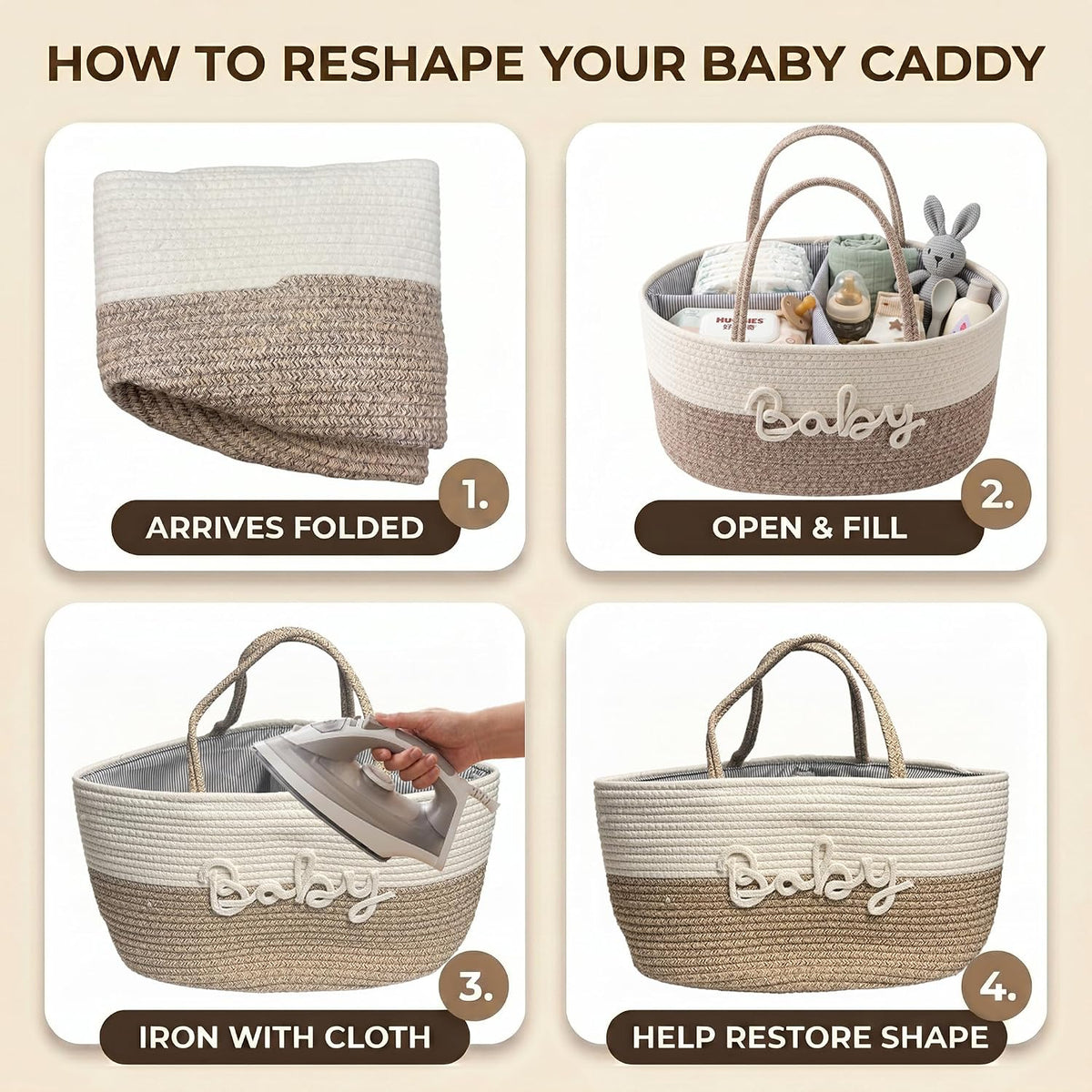 Baby Diaper Caddy Organizer with Removable Compartments, 18"L x 13"W x 9"H Super Large, 100% Handmade Woven Cotton Rope, Portable Nursery Storage Basket for Car and Changing Table, Shower Newborn Gift