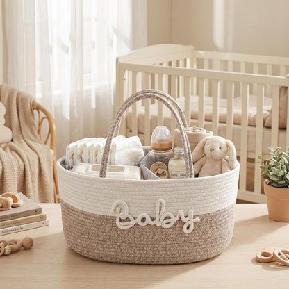 Baby Diaper Caddy Organizer with Removable Compartments, 18"L x 13"W x 9"H Super Large, 100% Handmade Woven Cotton Rope, Portable Nursery Storage Basket for Car and Changing Table, Shower Newborn Gift