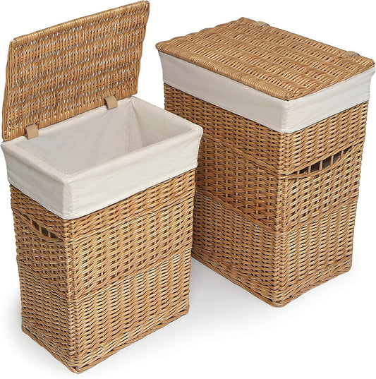 Wicker Nursery Laundry Hampers with Removable Liners and Hinged Lids – Set of 2 Large Clothes Storage Baskets for Baby, Kids, or Home Organization – White/White Finish