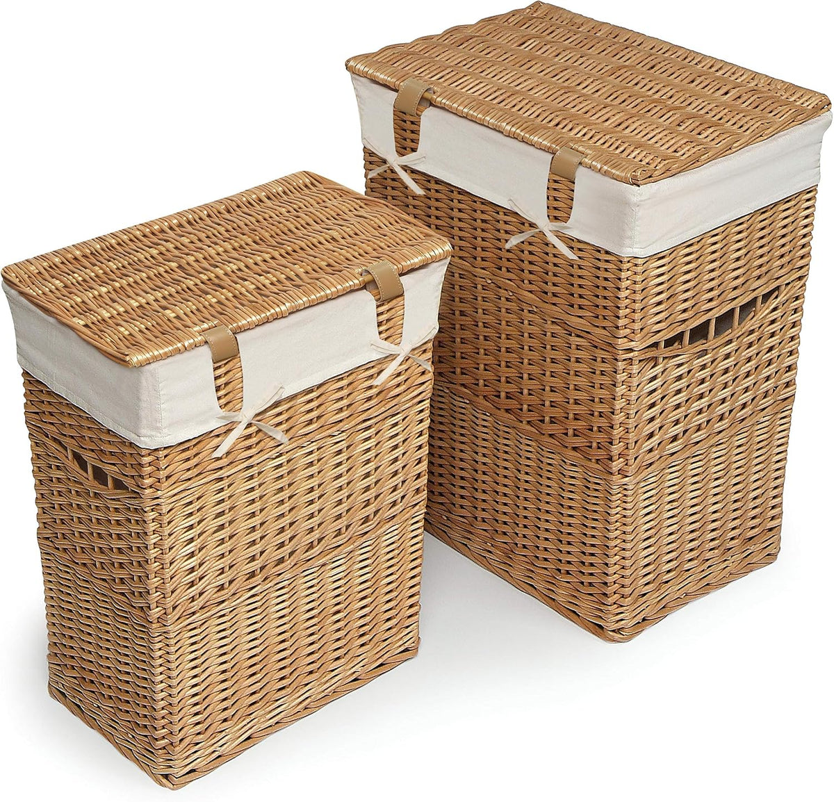 Wicker Nursery Laundry Hampers with Removable Liners and Hinged Lids – Set of 2 Large Clothes Storage Baskets for Baby, Kids, or Home Organization – White/White Finish