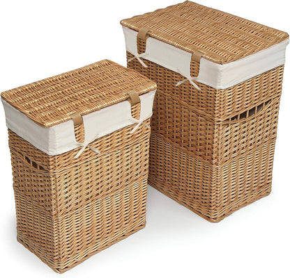 Wicker Nursery Laundry Hampers with Removable Liners and Hinged Lids – Set of 2 Large Clothes Storage Baskets for Baby, Kids, or Home Organization – White/White Finish