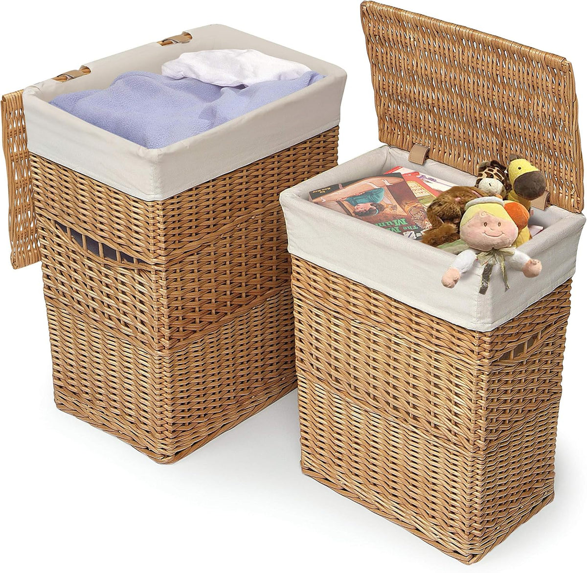 Wicker Nursery Laundry Hampers with Removable Liners and Hinged Lids – Set of 2 Large Clothes Storage Baskets for Baby, Kids, or Home Organization – White/White Finish