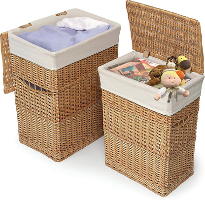 Wicker Nursery Laundry Hampers with Removable Liners and Hinged Lids – Set of 2 Large Clothes Storage Baskets for Baby, Kids, or Home Organization – White/White Finish