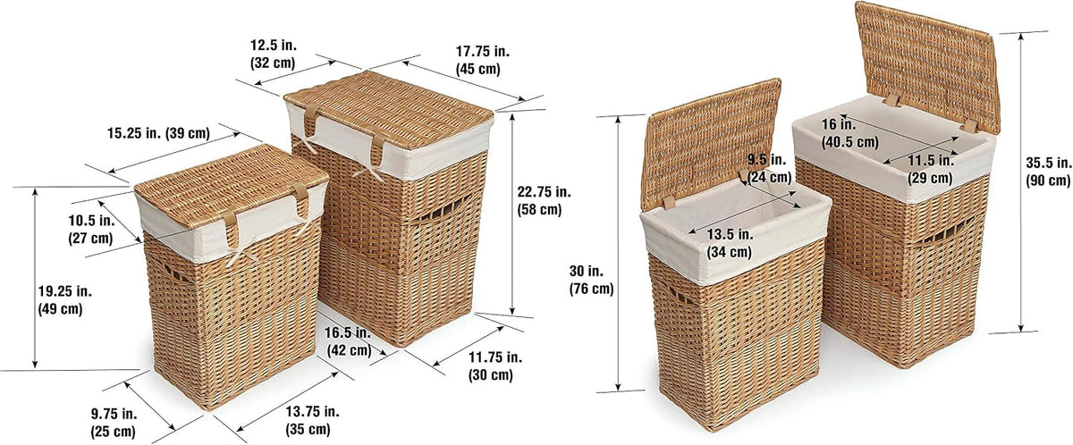 Wicker Nursery Laundry Hampers with Removable Liners and Hinged Lids – Set of 2 Large Clothes Storage Baskets for Baby, Kids, or Home Organization – White/White Finish