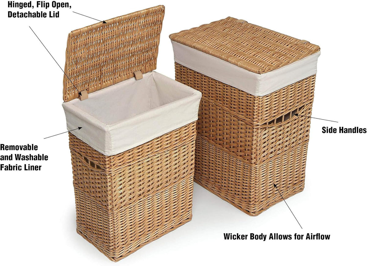 Wicker Nursery Laundry Hampers with Removable Liners and Hinged Lids – Set of 2 Large Clothes Storage Baskets for Baby, Kids, or Home Organization – White/White Finish