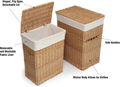 Wicker Nursery Laundry Hampers with Removable Liners and Hinged Lids – Set of 2 Large Clothes Storage Baskets for Baby, Kids, or Home Organization – White/White Finish