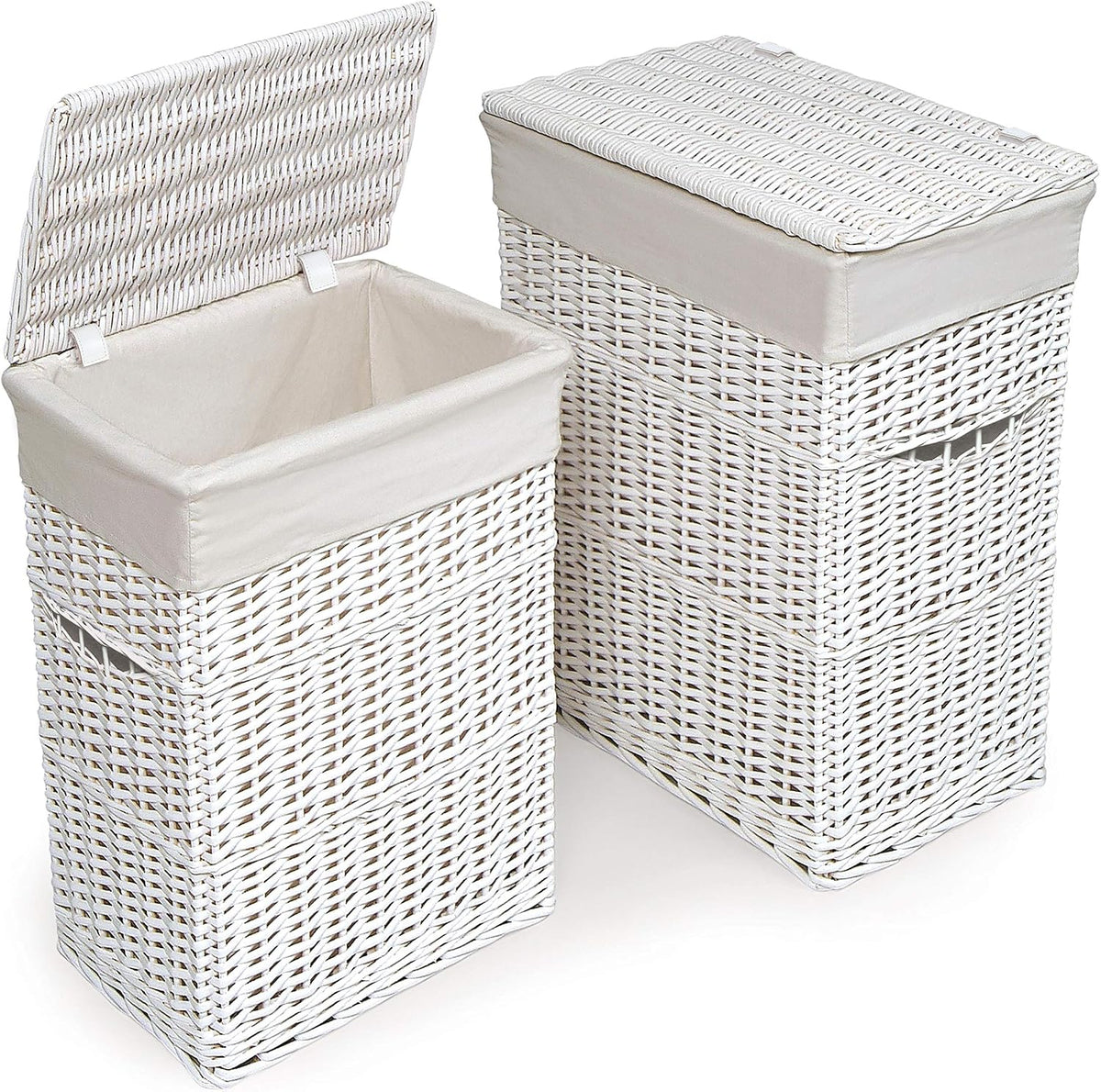Wicker Nursery Laundry Hampers with Removable Liners and Hinged Lids – Set of 2 Large Clothes Storage Baskets for Baby, Kids, or Home Organization – White/White Finish