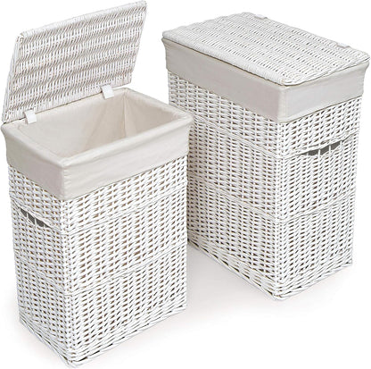 Wicker Nursery Laundry Hampers with Removable Liners and Hinged Lids – Set of 2 Large Clothes Storage Baskets for Baby, Kids, or Home Organization – White/White Finish