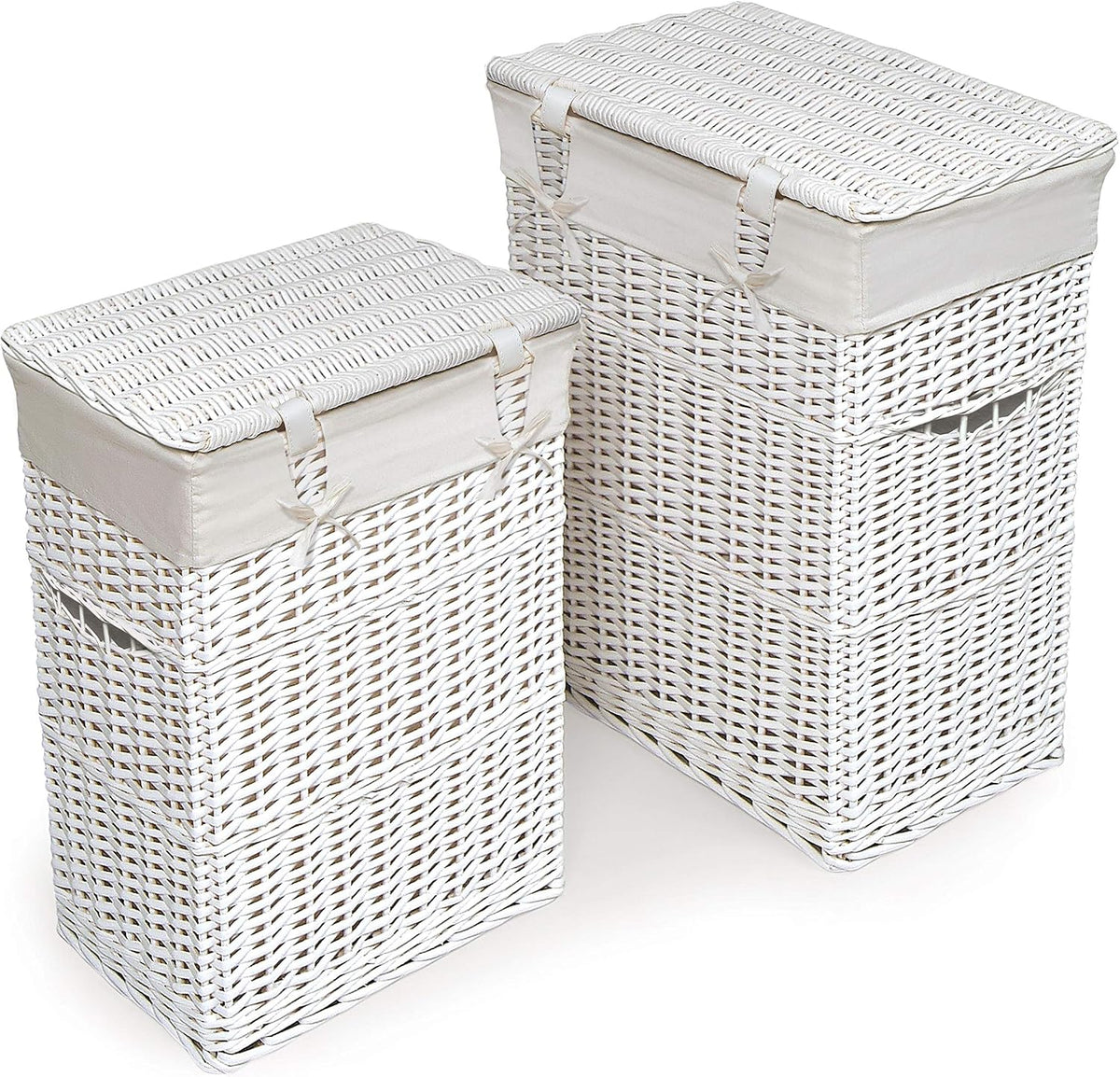 Wicker Nursery Laundry Hampers with Removable Liners and Hinged Lids – Set of 2 Large Clothes Storage Baskets for Baby, Kids, or Home Organization – White/White Finish