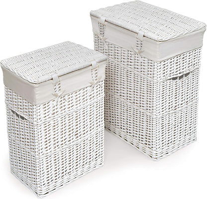 Wicker Nursery Laundry Hampers with Removable Liners and Hinged Lids – Set of 2 Large Clothes Storage Baskets for Baby, Kids, or Home Organization – White/White Finish
