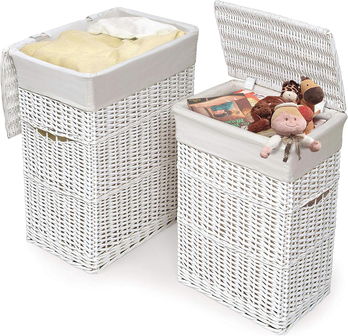 Wicker Nursery Laundry Hampers with Removable Liners and Hinged Lids – Set of 2 Large Clothes Storage Baskets for Baby, Kids, or Home Organization – White/White Finish