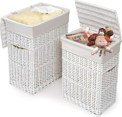 Wicker Nursery Laundry Hampers with Removable Liners and Hinged Lids – Set of 2 Large Clothes Storage Baskets for Baby, Kids, or Home Organization – White/White Finish