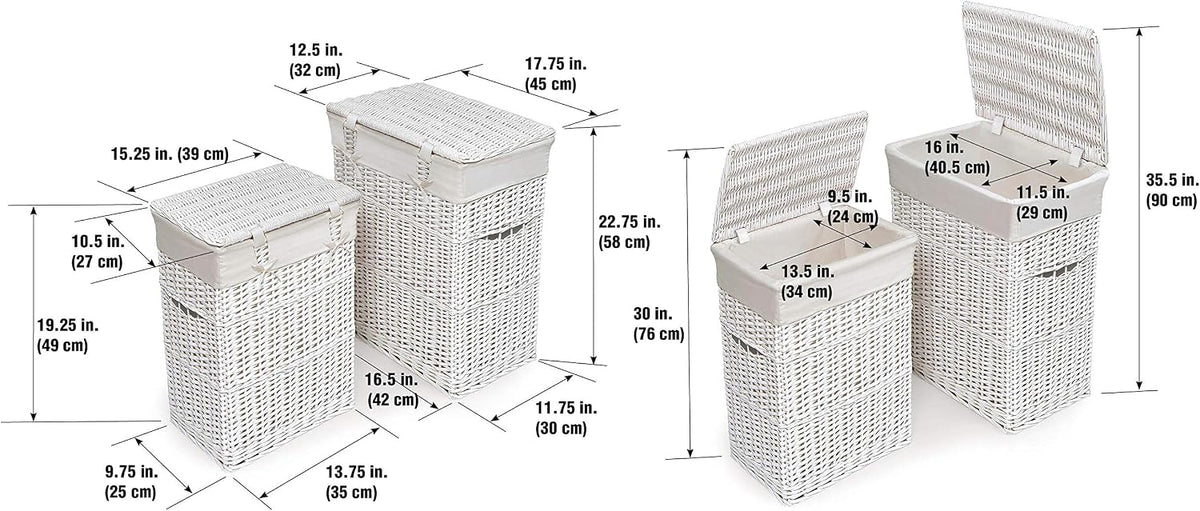 Wicker Nursery Laundry Hampers with Removable Liners and Hinged Lids – Set of 2 Large Clothes Storage Baskets for Baby, Kids, or Home Organization – White/White Finish