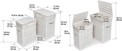 Wicker Nursery Laundry Hampers with Removable Liners and Hinged Lids – Set of 2 Large Clothes Storage Baskets for Baby, Kids, or Home Organization – White/White Finish