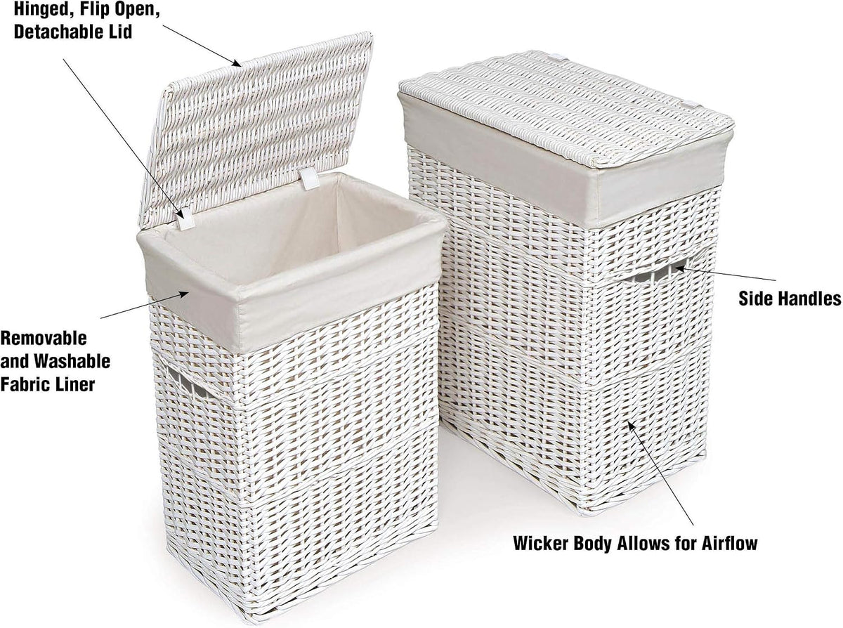 Wicker Nursery Laundry Hampers with Removable Liners and Hinged Lids – Set of 2 Large Clothes Storage Baskets for Baby, Kids, or Home Organization – White/White Finish