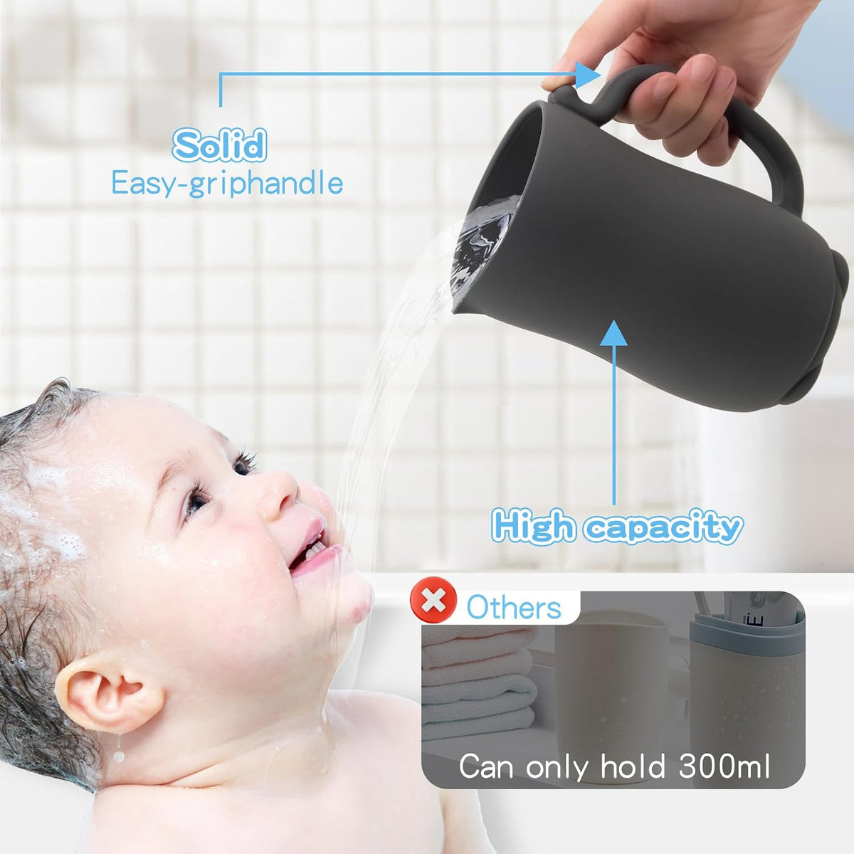 Baby Bath Rinse Cup - Food Grade Silicone - Shampoo & Body Washing Rinser Cup for Kids with Easy Grip Handle to Rinse Baby Shampoo and Soap - Baby Essentials (Light Green)