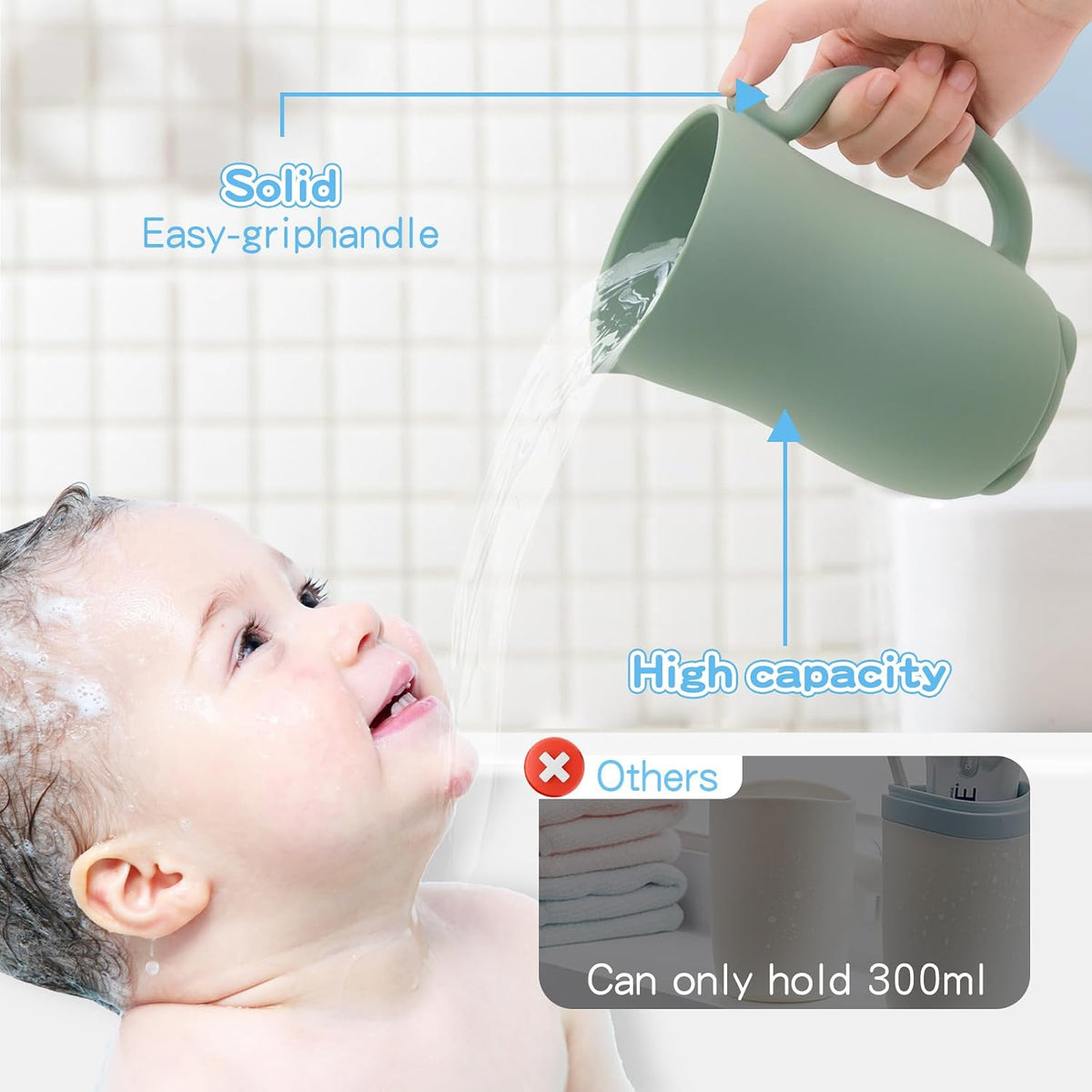 Baby Bath Rinse Cup - Food Grade Silicone - Shampoo & Body Washing Rinser Cup for Kids with Easy Grip Handle to Rinse Baby Shampoo and Soap - Baby Essentials (Light Green)