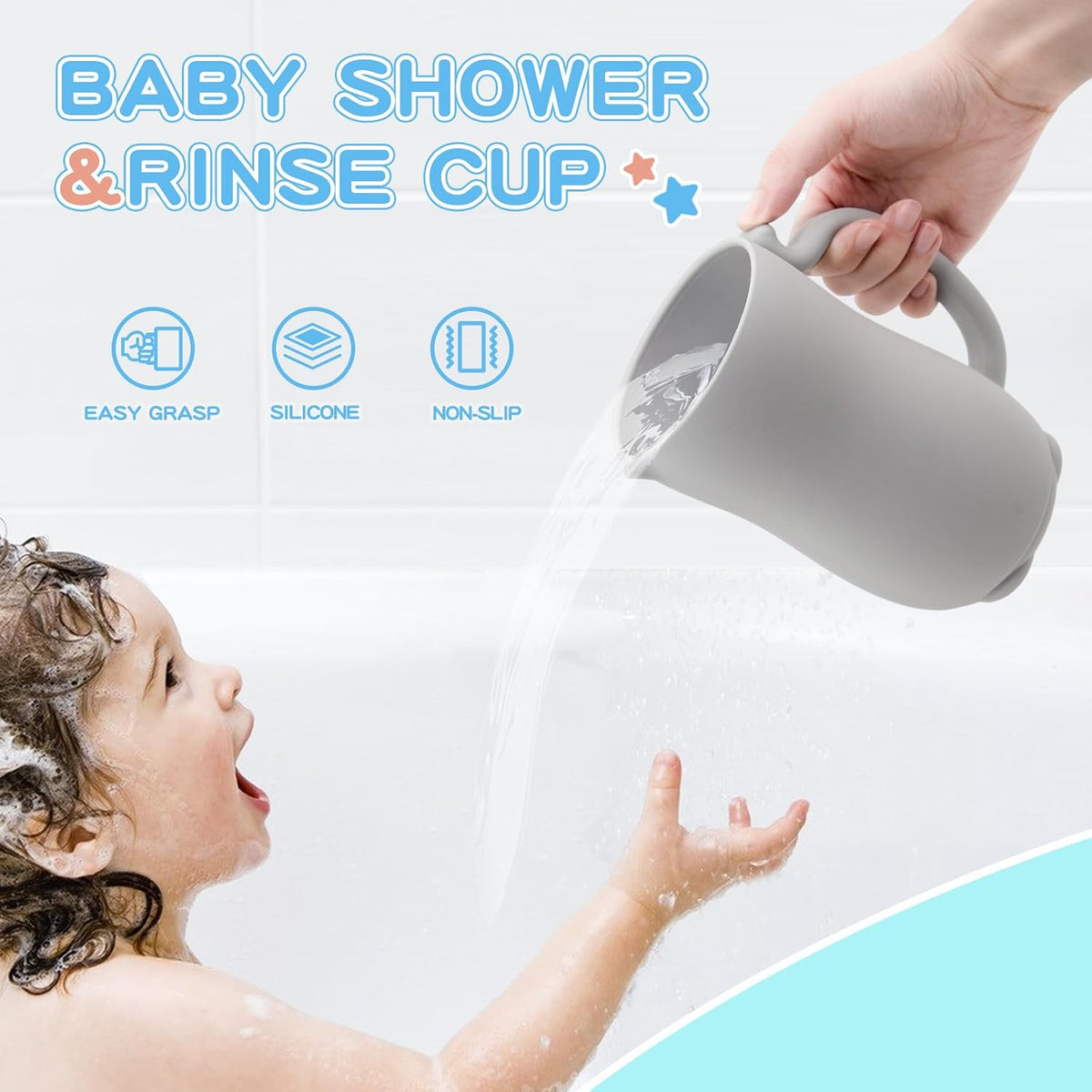 Baby Bath Rinse Cup - Food Grade Silicone - Shampoo & Body Washing Rinser Cup for Kids with Easy Grip Handle to Rinse Baby Shampoo and Soap - Baby Essentials (Light Green)