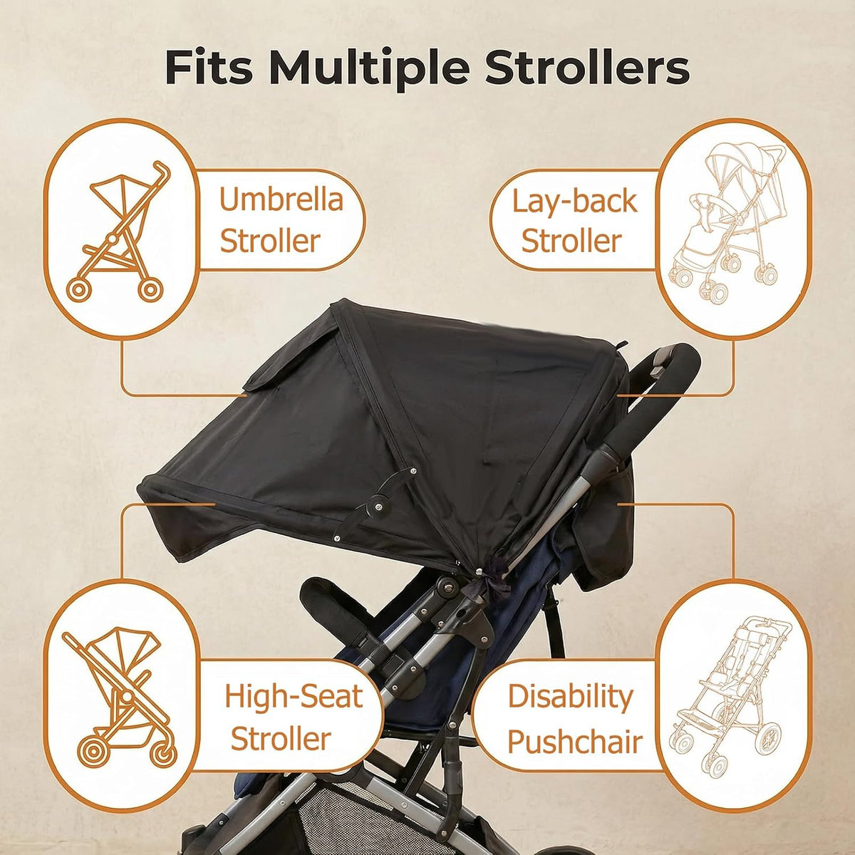 Universal Stroller Sun Shade Umbrella Stroller Canopy Pram Sunshade Retractable Stroller Replacement Parts Shade for Buggy Pushchair with Mesh Window Storage Pocket Adjustable