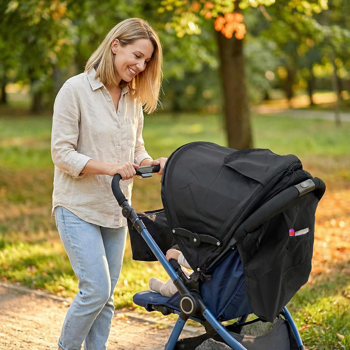 Universal Stroller Sun Shade Umbrella Stroller Canopy Pram Sunshade Retractable Stroller Replacement Parts Shade for Buggy Pushchair with Mesh Window Storage Pocket Adjustable