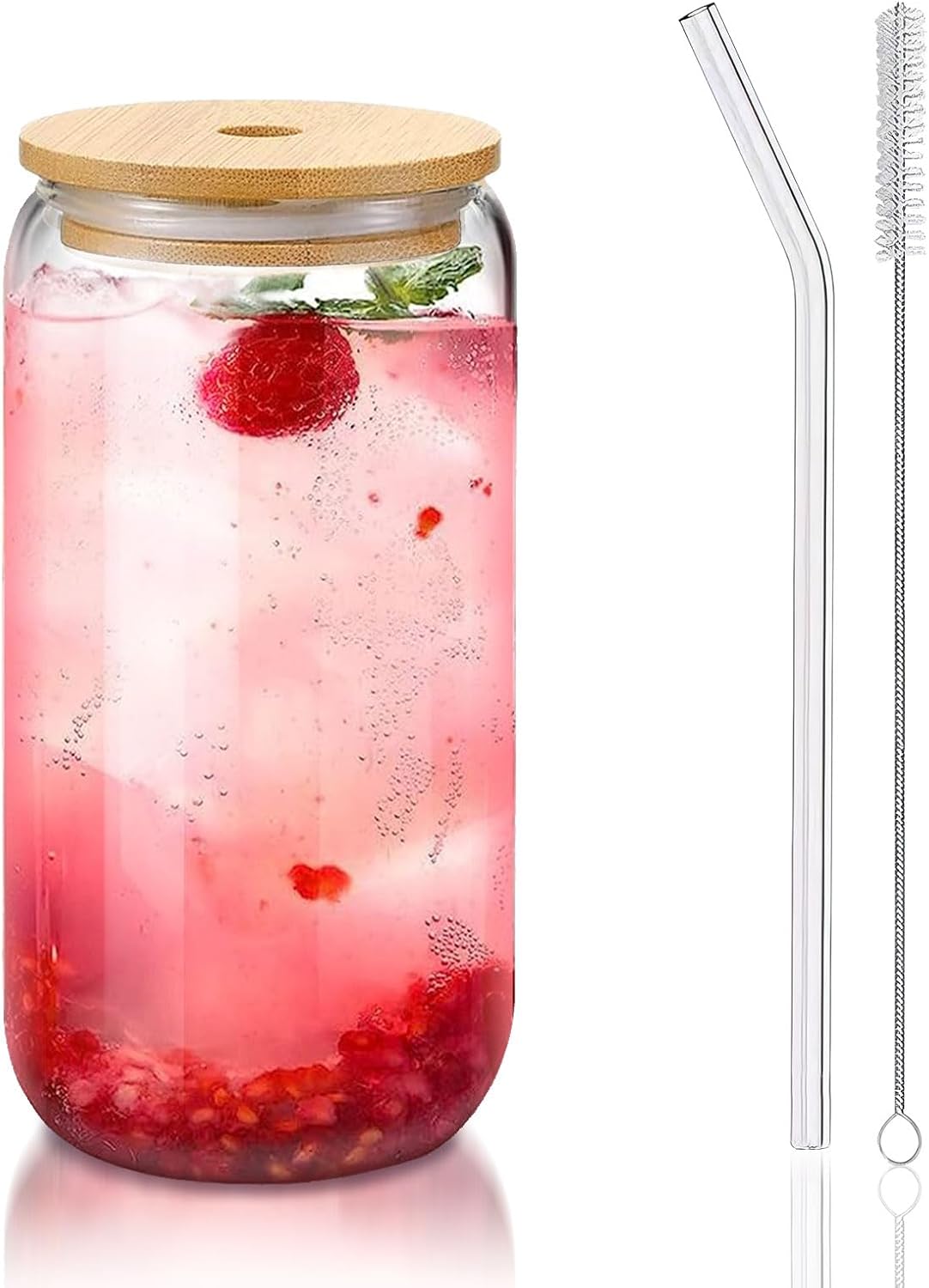 Glass Cups with Lids and Straws 1 Pack, 16 oz Glass Coffee Cup with Bamboo Lid, Glass Straw and Cleaning Brush, Iced Coffee Cup for Matcha, Soda, Tea and Daily Drinks