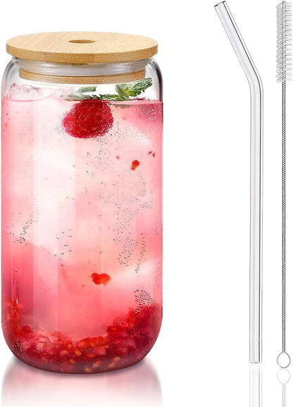 Glass Cups with Lids and Straws 1 Pack, 16 oz Glass Coffee Cup with Bamboo Lid, Glass Straw and Cleaning Brush, Iced Coffee Cup for Matcha, Soda, Tea and Daily Drinks