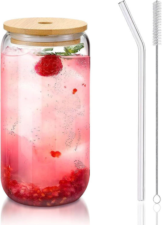 Glass Cups with Lids and Straws 1 Pack, 16 oz Glass Coffee Cup with Bamboo Lid, Glass Straw and Cleaning Brush, Iced Coffee Cup for Matcha, Soda, Tea and Daily Drinks