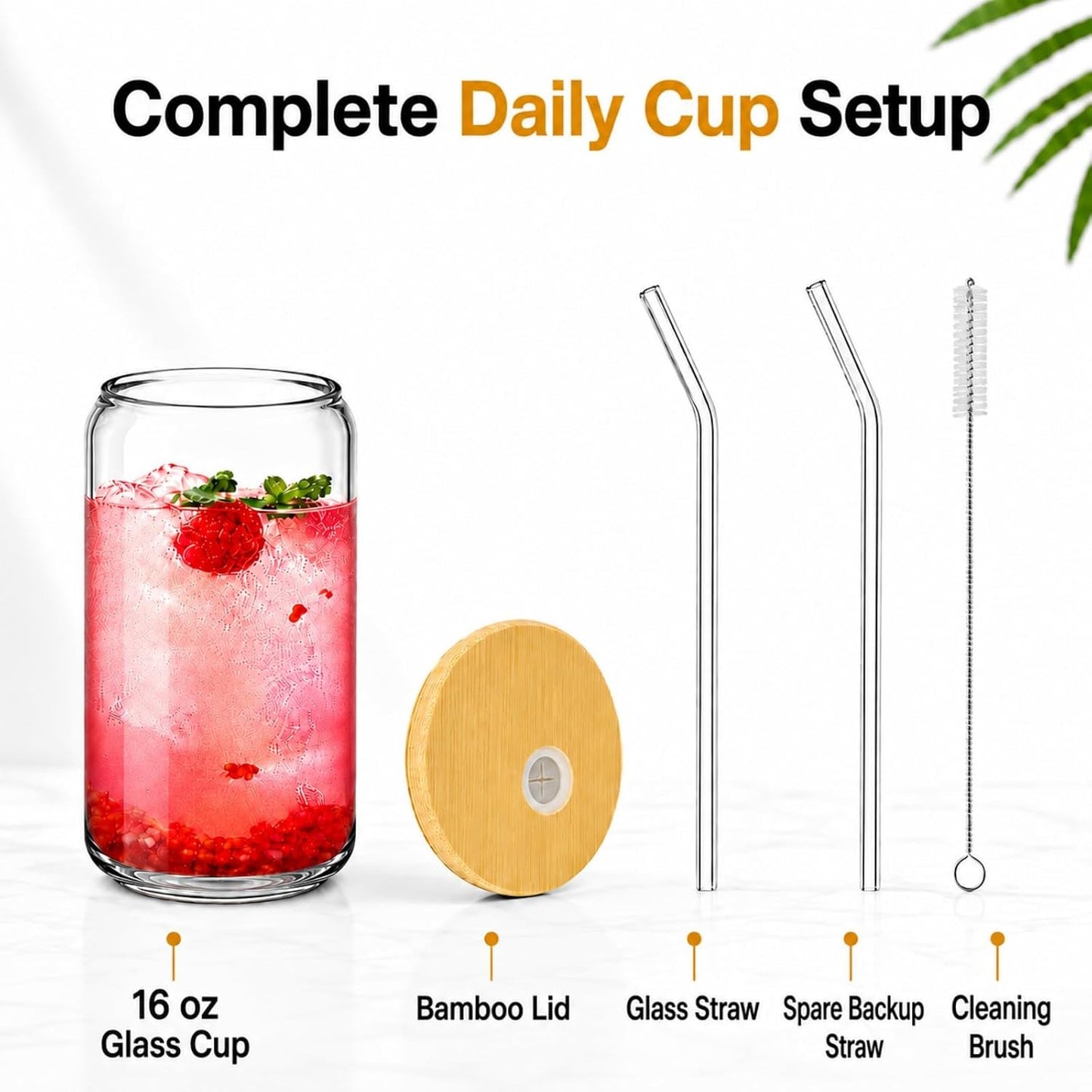 Glass Cups with Lids and Straws 1 Pack, 16 oz Glass Coffee Cup with Bamboo Lid, Glass Straw and Cleaning Brush, Iced Coffee Cup for Matcha, Soda, Tea and Daily Drinks