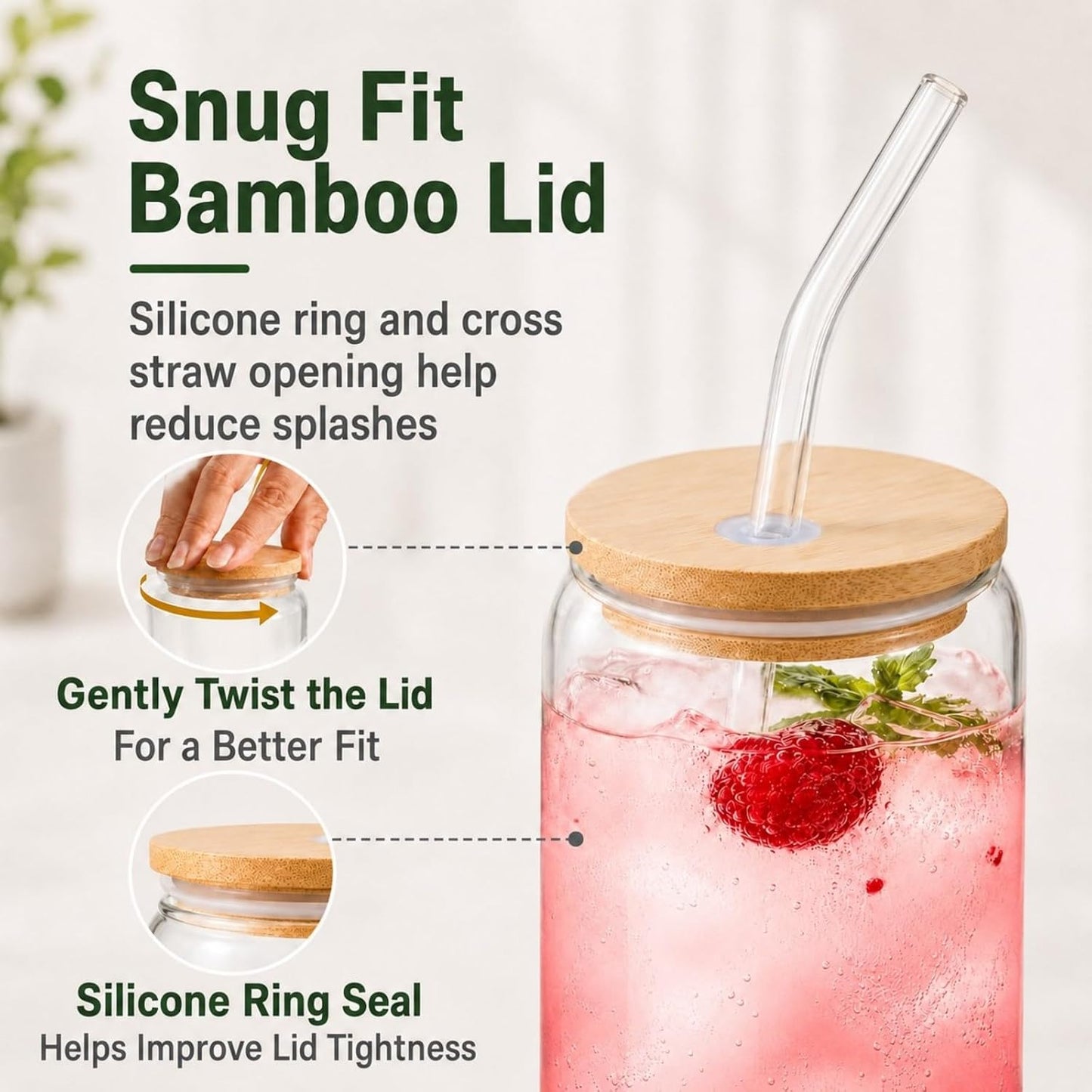 Glass Cups with Lids and Straws 1 Pack, 16 oz Glass Coffee Cup with Bamboo Lid, Glass Straw and Cleaning Brush, Iced Coffee Cup for Matcha, Soda, Tea and Daily Drinks