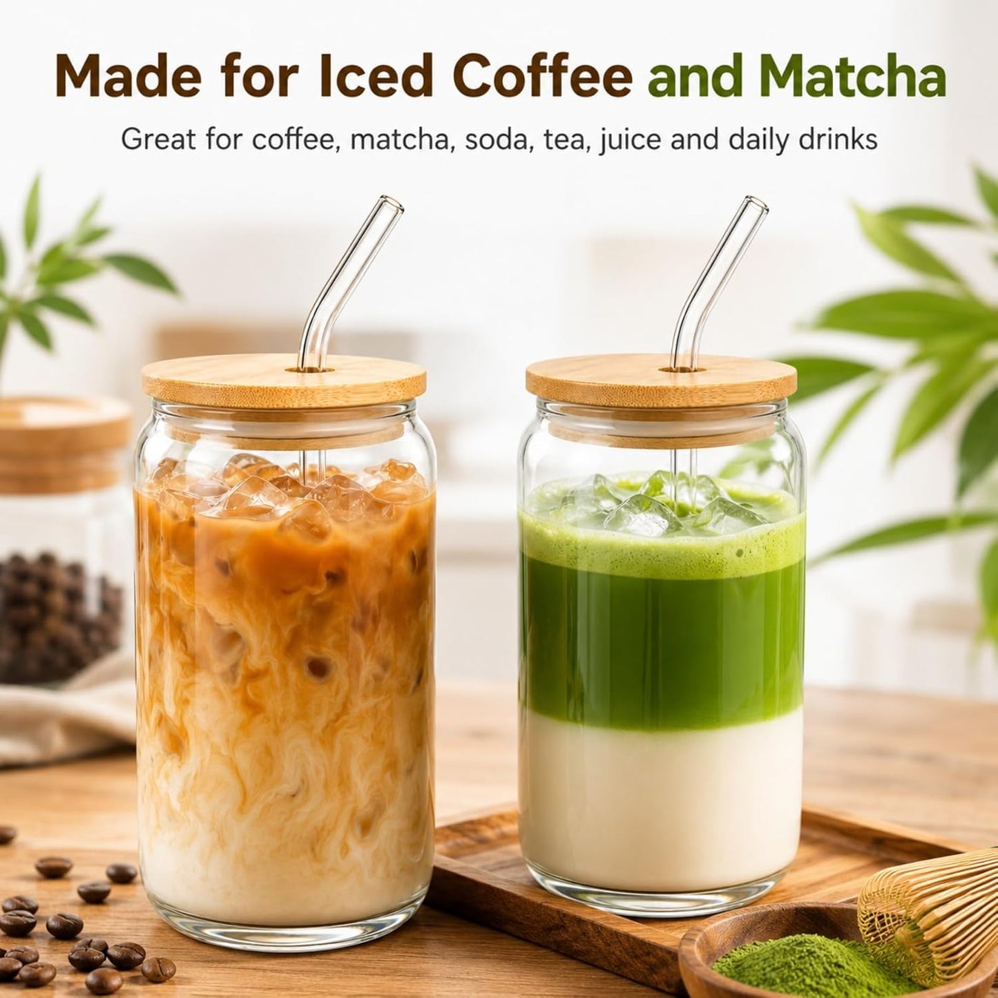 Glass Cups with Lids and Straws 1 Pack, 16 oz Glass Coffee Cup with Bamboo Lid, Glass Straw and Cleaning Brush, Iced Coffee Cup for Matcha, Soda, Tea and Daily Drinks
