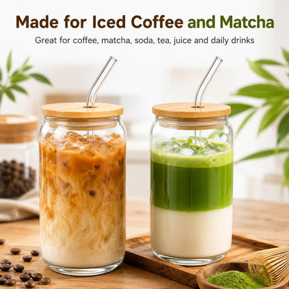 Glass Cups with Lids and Straws 1 Pack, 16 oz Glass Coffee Cup with Bamboo Lid, Glass Straw and Cleaning Brush, Iced Coffee Cup for Matcha, Soda, Tea and Daily Drinks