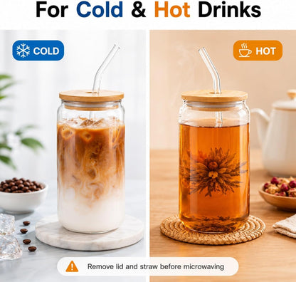 Glass Cups with Lids and Straws 1 Pack, 16 oz Glass Coffee Cup with Bamboo Lid, Glass Straw and Cleaning Brush, Iced Coffee Cup for Matcha, Soda, Tea and Daily Drinks