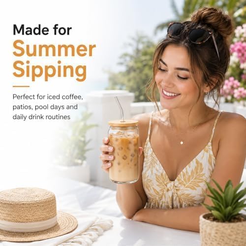 Glass Cups with Lids and Straws 1 Pack, 16 oz Glass Coffee Cup with Bamboo Lid, Glass Straw and Cleaning Brush, Iced Coffee Cup for Matcha, Soda, Tea and Daily Drinks