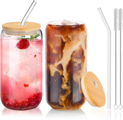Glass Cups with Lids and Straws 1 Pack, 16 oz Glass Coffee Cup with Bamboo Lid, Glass Straw and Cleaning Brush, Iced Coffee Cup for Matcha, Soda, Tea and Daily Drinks