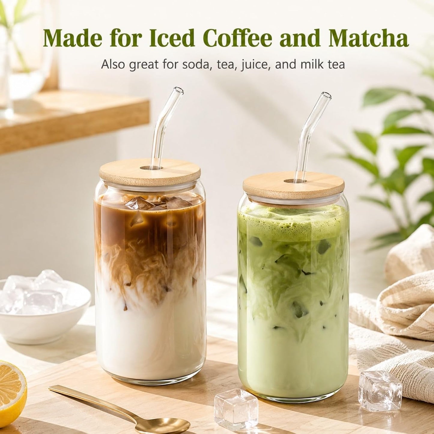 Glass Cups with Lids and Straws 1 Pack, 16 oz Glass Coffee Cup with Bamboo Lid, Glass Straw and Cleaning Brush, Iced Coffee Cup for Matcha, Soda, Tea and Daily Drinks