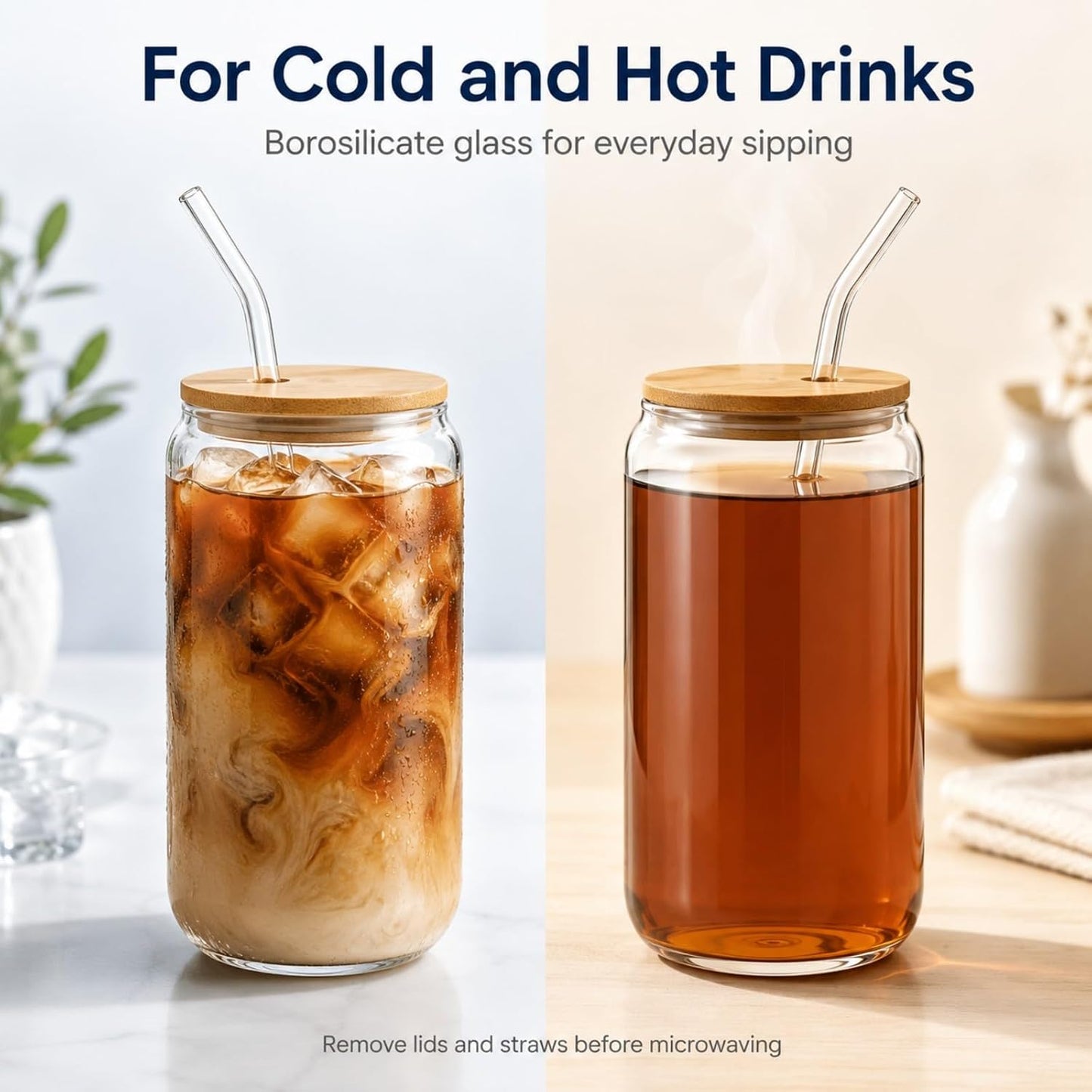 Glass Cups with Lids and Straws 1 Pack, 16 oz Glass Coffee Cup with Bamboo Lid, Glass Straw and Cleaning Brush, Iced Coffee Cup for Matcha, Soda, Tea and Daily Drinks